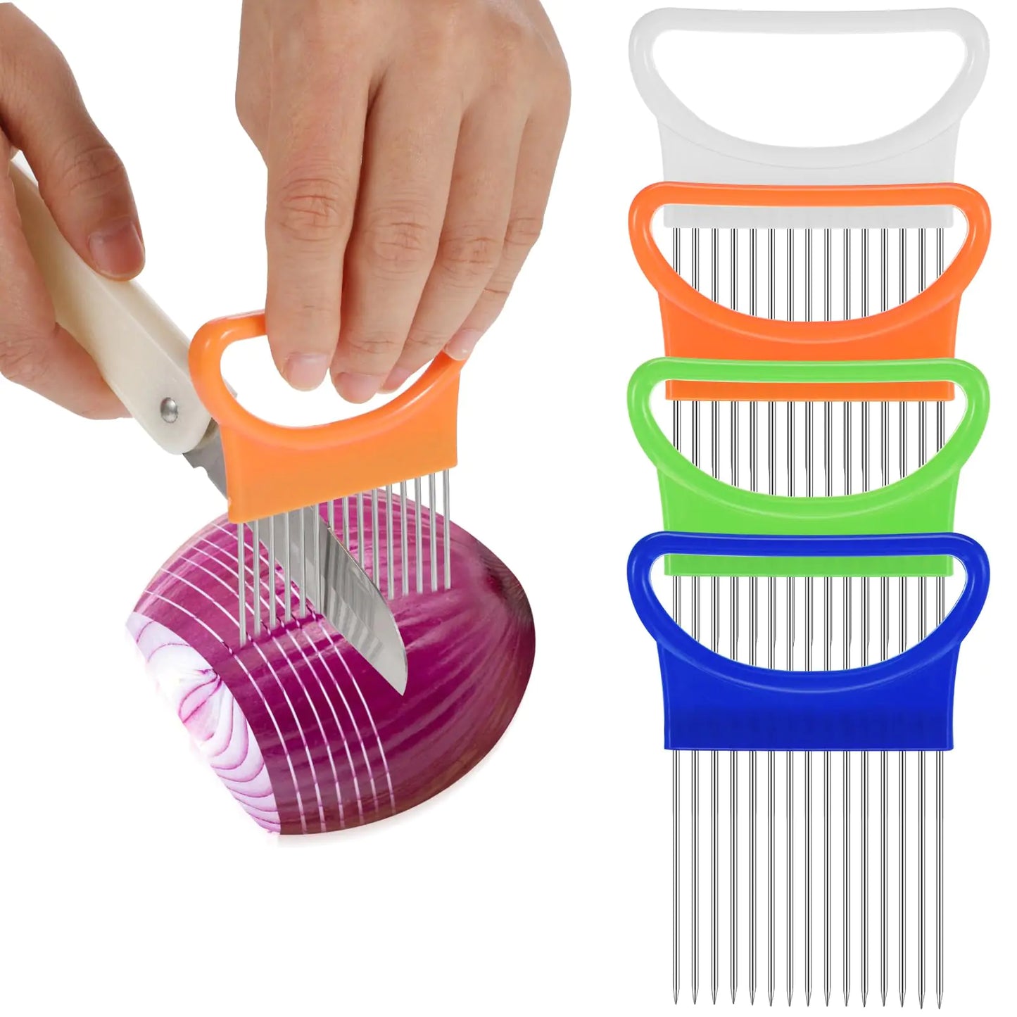 Andibro 4 Pcs Onion Holder for Slicing Stainless Steel Onion Slicer Onion Cutter Chopper Crinkle Cutter for Veggies Meat Cutter Holder Comb Fruit Cutter for Kitchen Worker Safety Cooking Tools