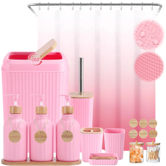 30PCS Pink Bathroom Accessories Set with Waffle Shower CurtainTrash Can3PCS Lotion Soap Dispenser Toothbrush Holder Soap DishTumbler Cup6PCS Wood Tags Bath Accessories with Tray for Bathroom