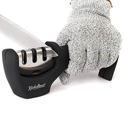 4-in-1 Kitchen Knife Accessories: 3-Stage Knife Sharpener Helps Repair Restore and Polish Blades and Cut-Resistant Glove