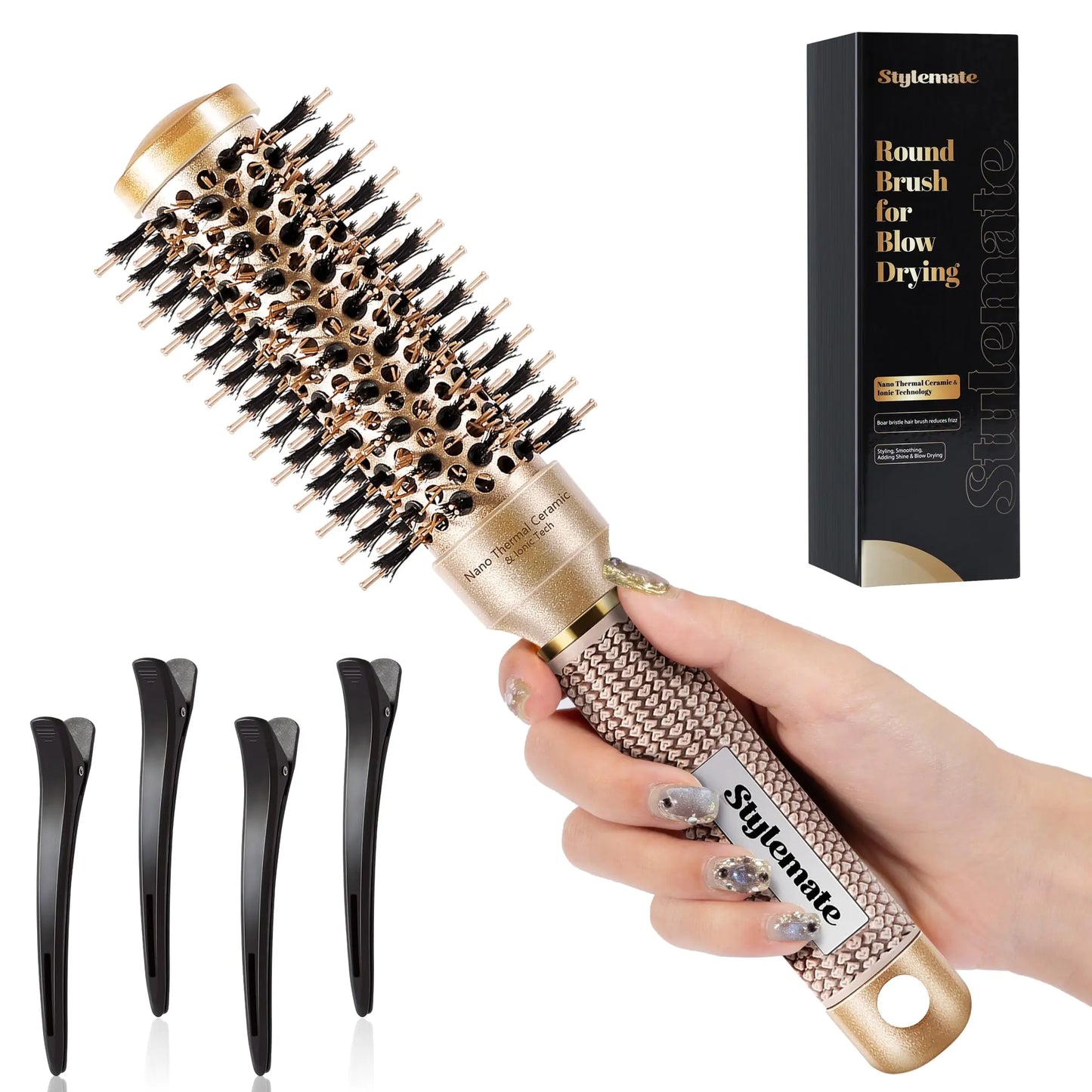 Round Brush for Blow Out Nano Thermal Ceramic & Ionic Tech Round Barrel Hair Brush with Boar Bristles Roller Brush for Blow Drying and Styling 4 Free Clips (2 Inch Barrel 1 inch 25mm)